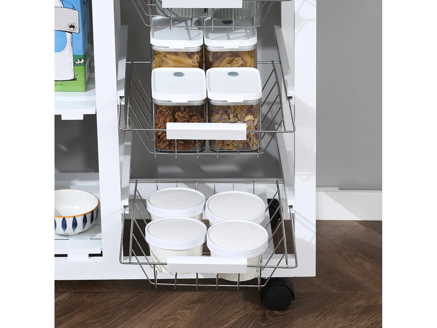 Carrello con ruote da cucina salvaspazio in legno massiccio bianco