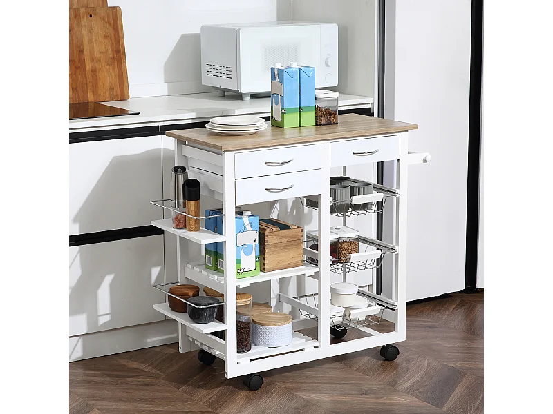 Carrello con ruote da cucina salvaspazio in legno massiccio bianco