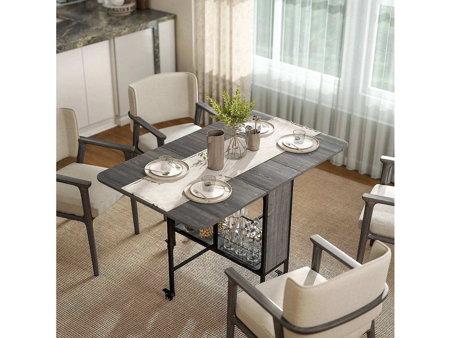 Tavolo da pranzo pieghevole 6 persone con ripiano e 6 ruote grigio