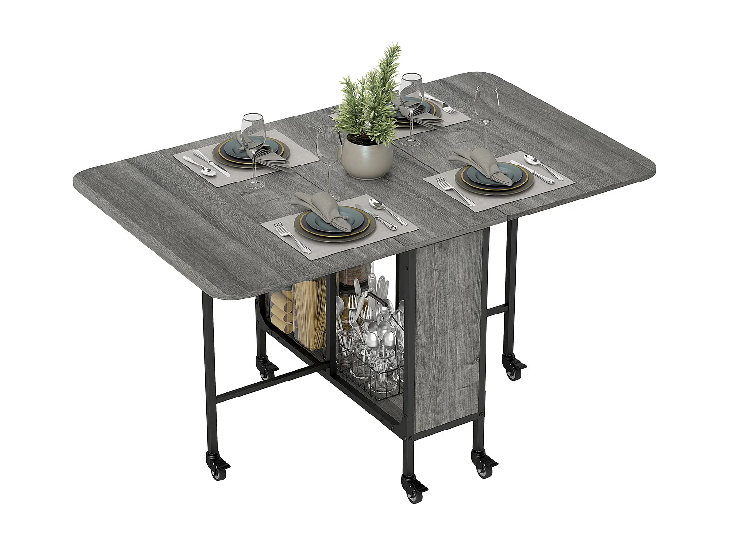 Tavolo da pranzo pieghevole 6 persone con ripiano e 6 ruote grigio