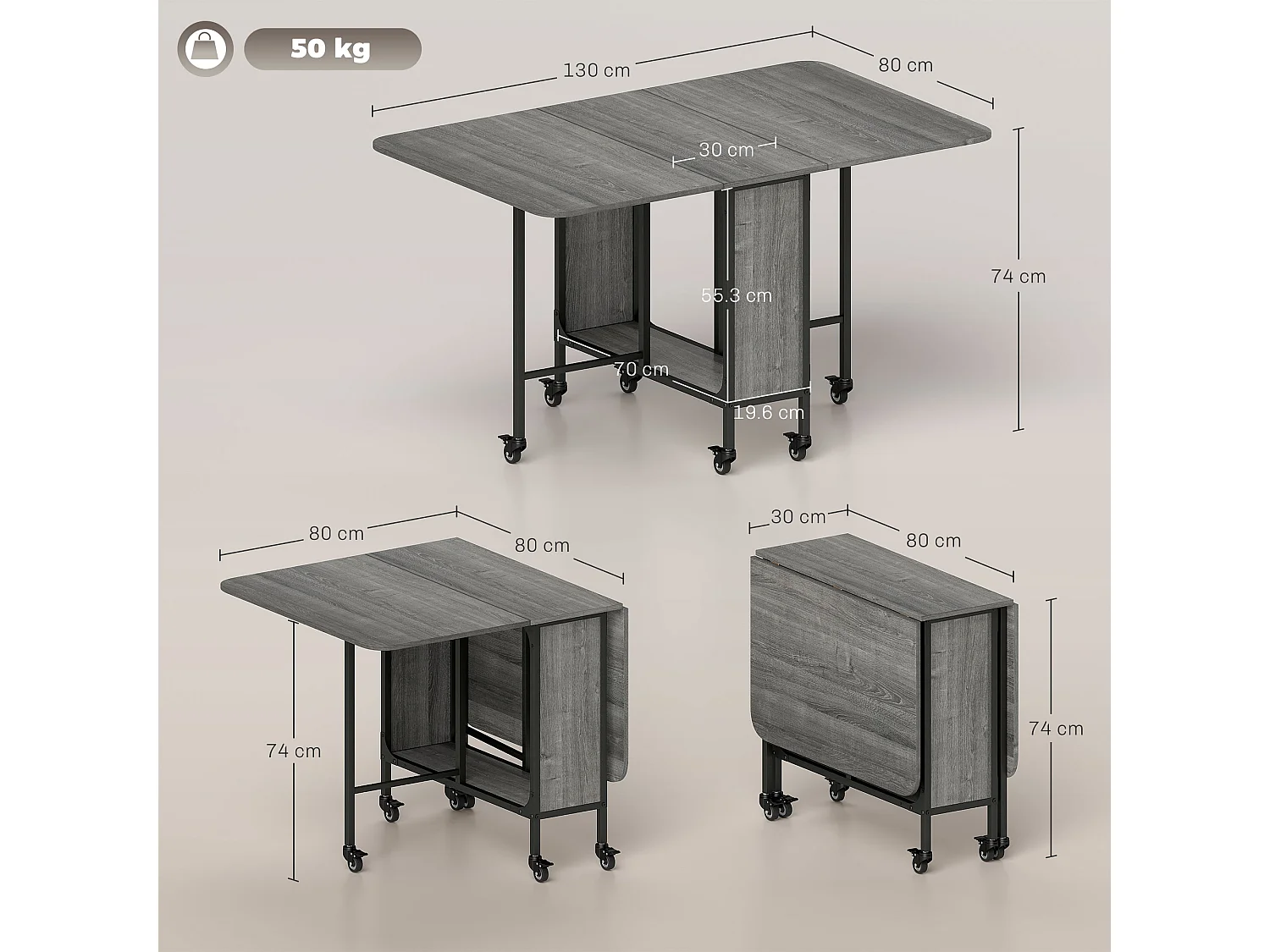 Tavolo da pranzo pieghevole 6 persone con ripiano e 6 ruote grigio