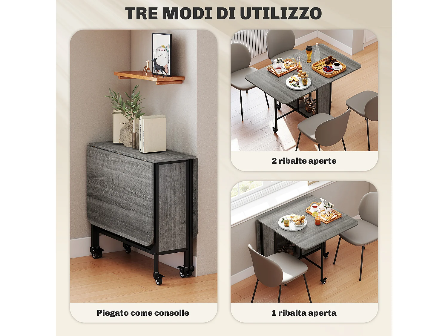 Tavolo da pranzo pieghevole 6 persone con ripiano e 6 ruote grigio