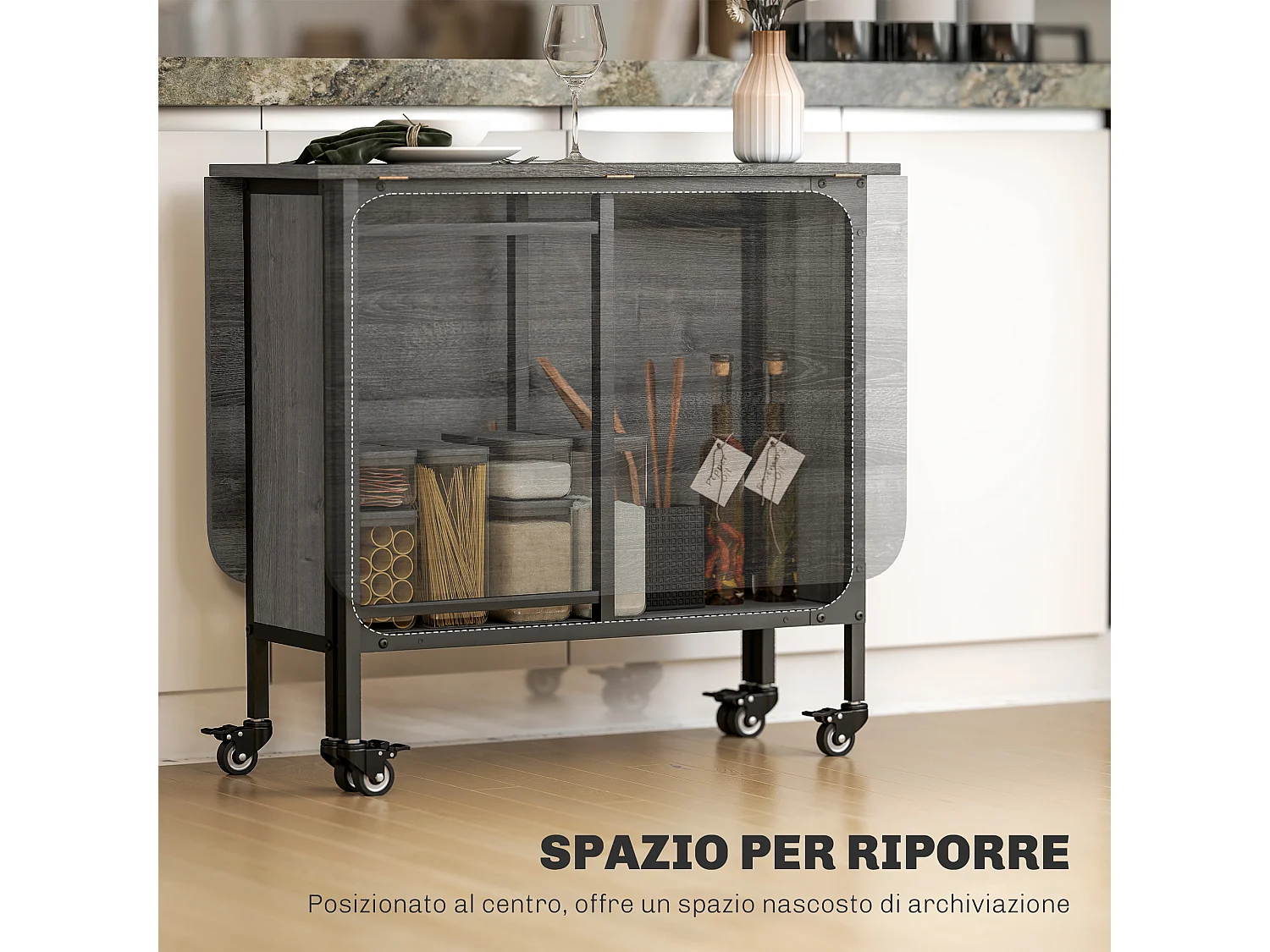 Tavolo da pranzo pieghevole 6 persone con ripiano e 6 ruote grigio