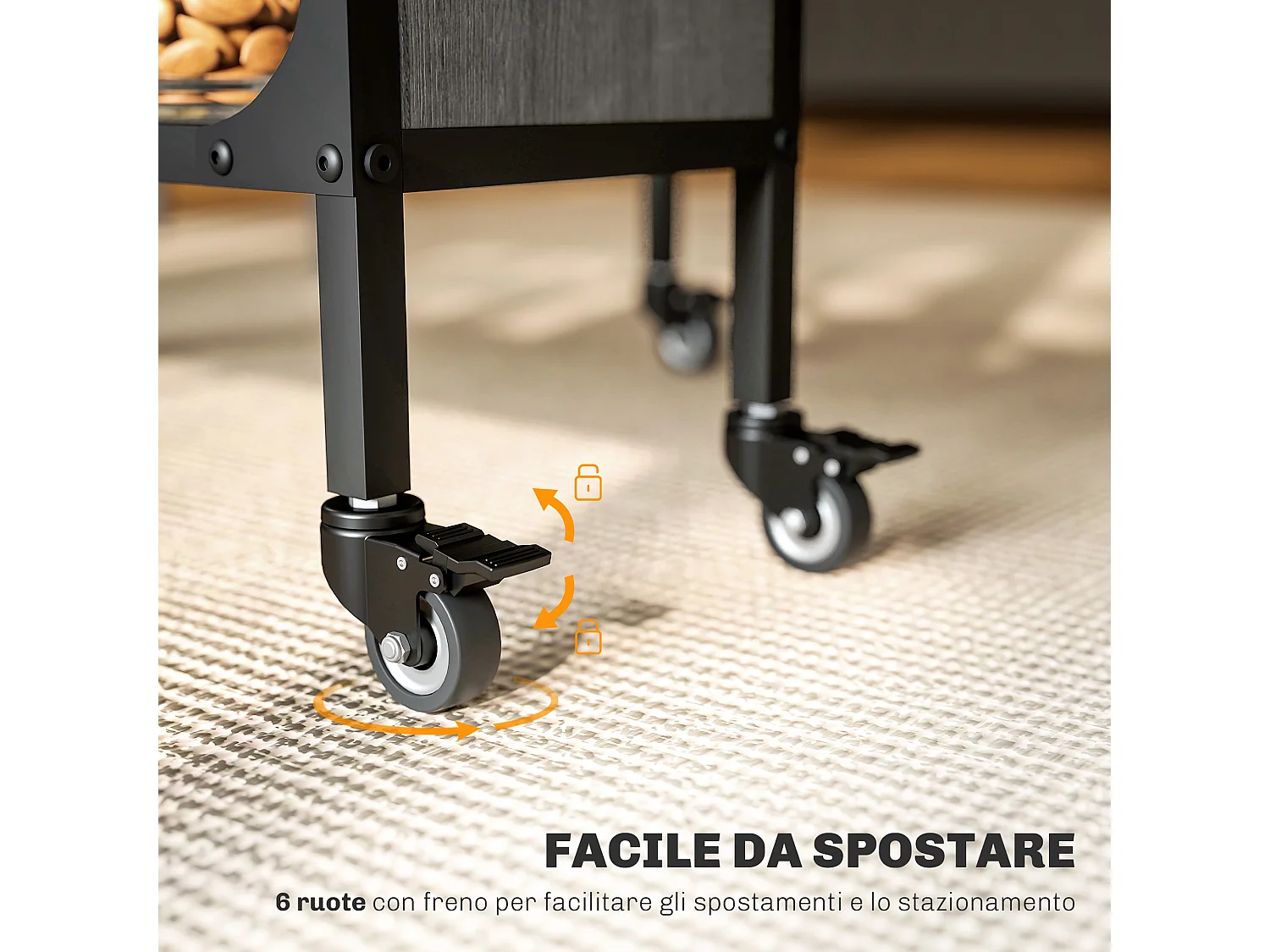 Tavolo da pranzo pieghevole 6 persone con ripiano e 6 ruote grigio