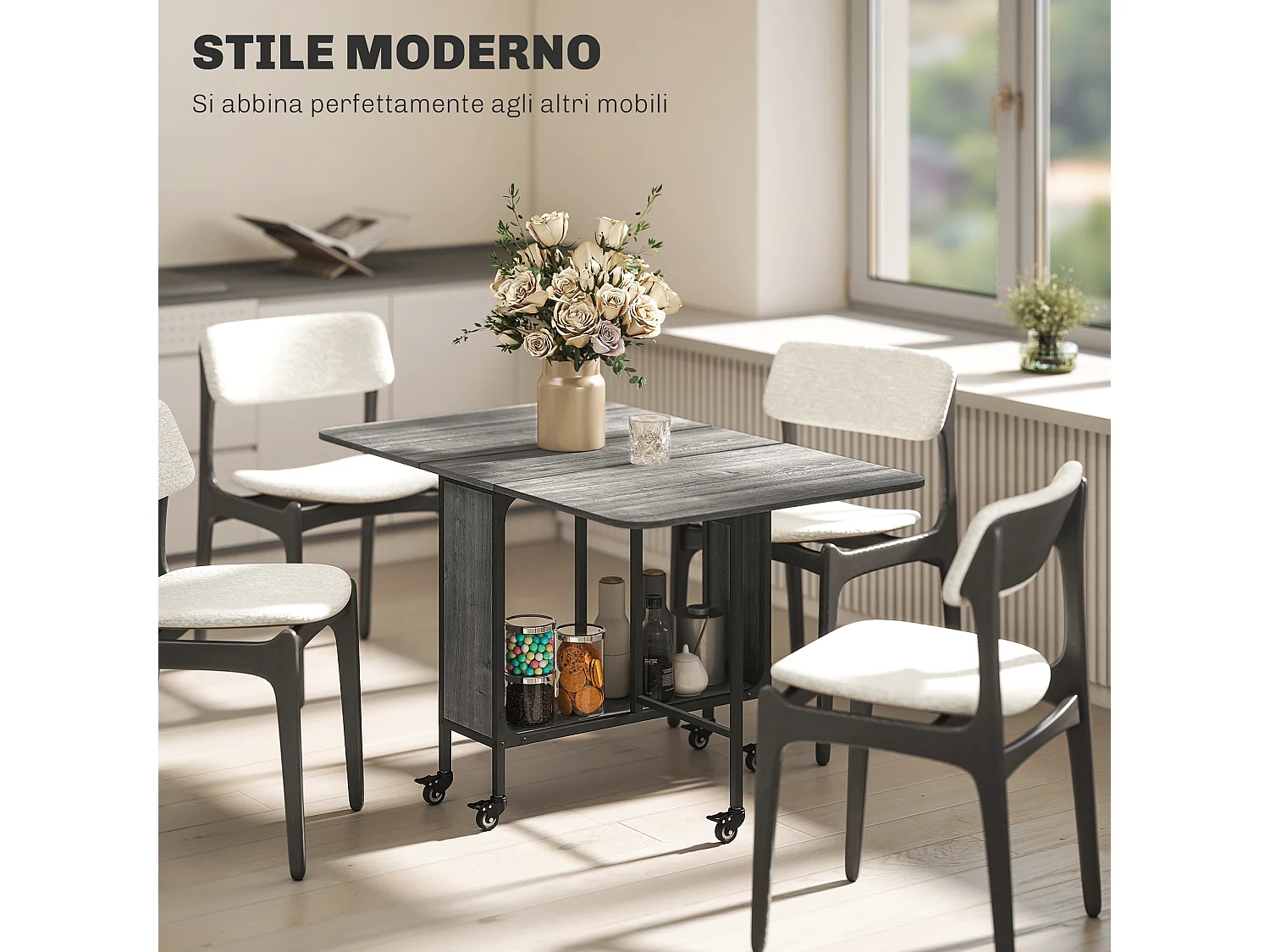 Tavolo da pranzo pieghevole 6 persone con ripiano e 6 ruote grigio