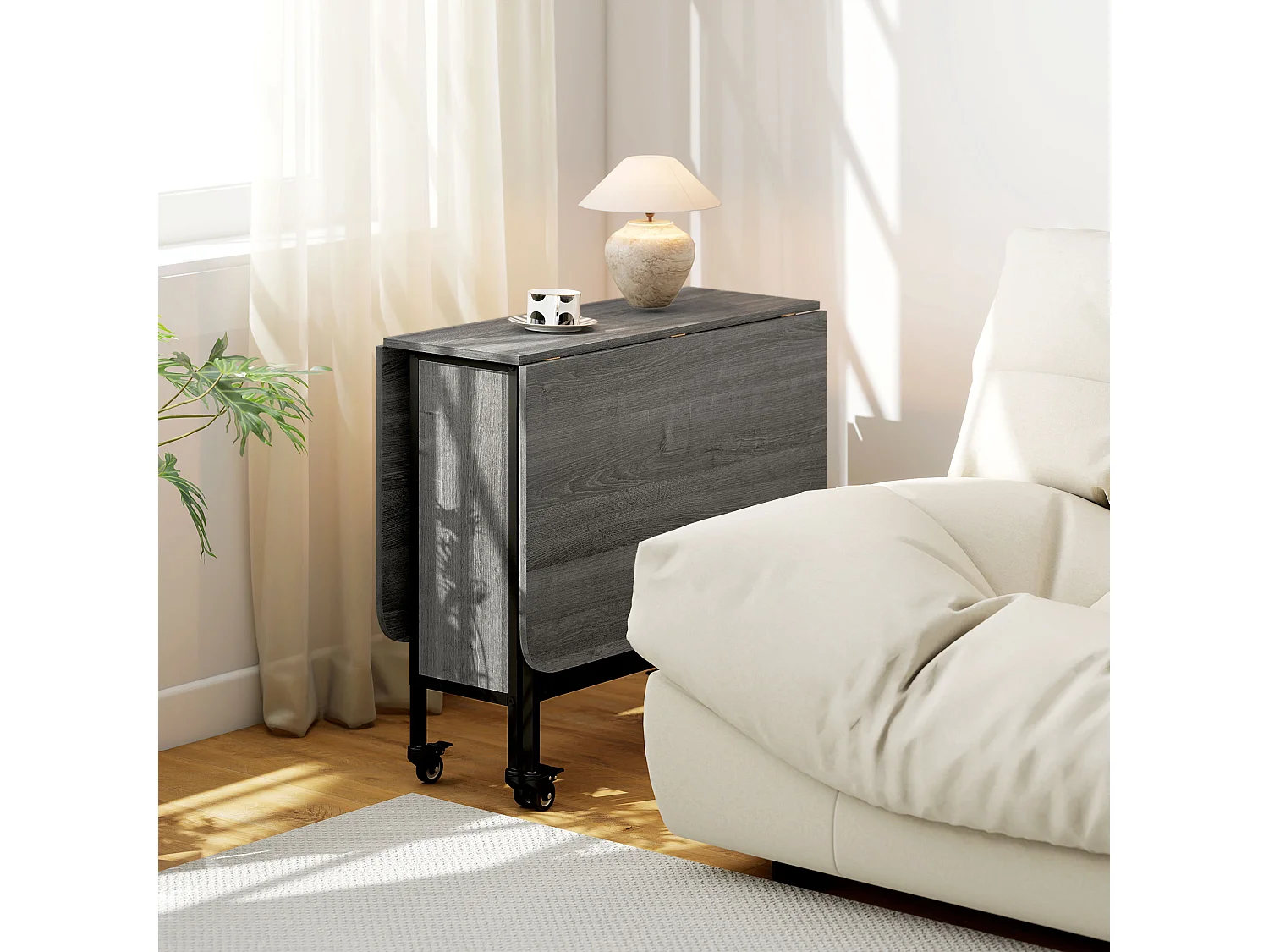 Tavolo da pranzo pieghevole 6 persone con ripiano e 6 ruote grigio