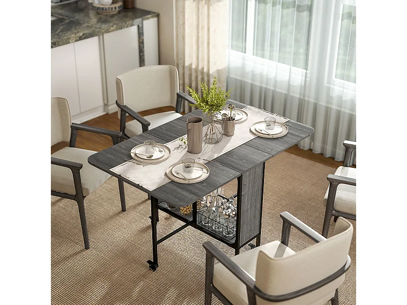 Tavolo da pranzo pieghevole 6 persone con ripiano e 6 ruote grigio