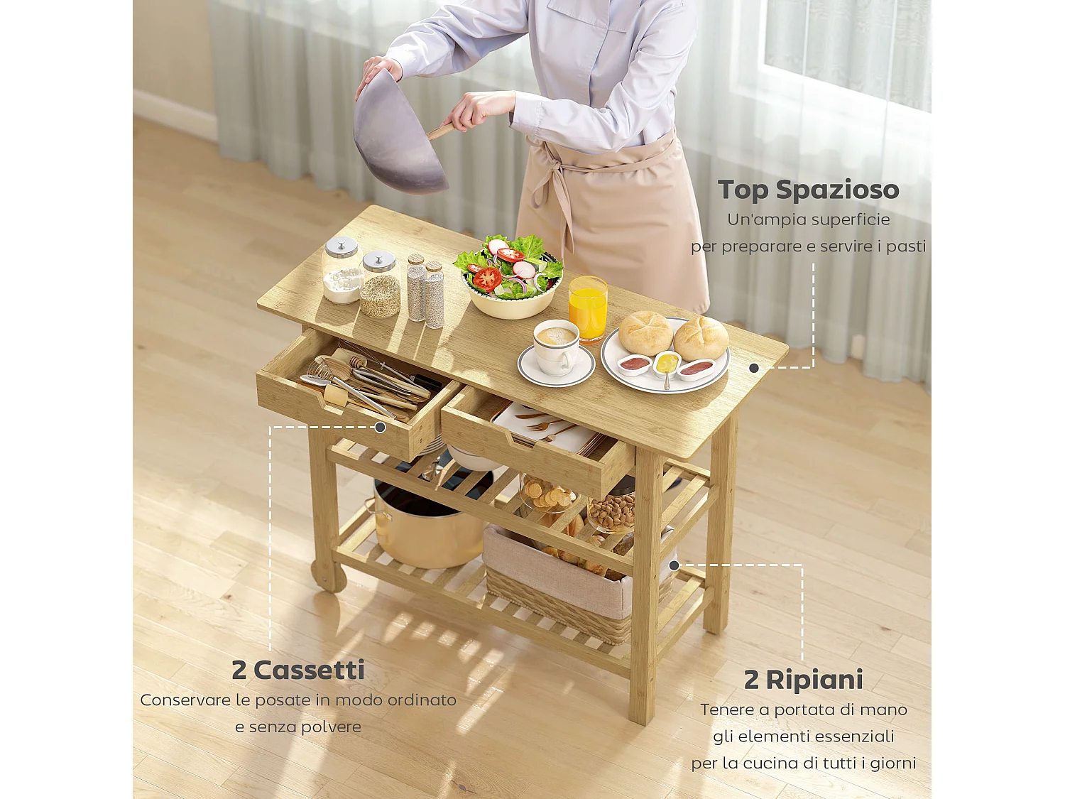 Carrello cucina in bambù con 2 rotelle e 2 gambe carrello cucina salvaspazio