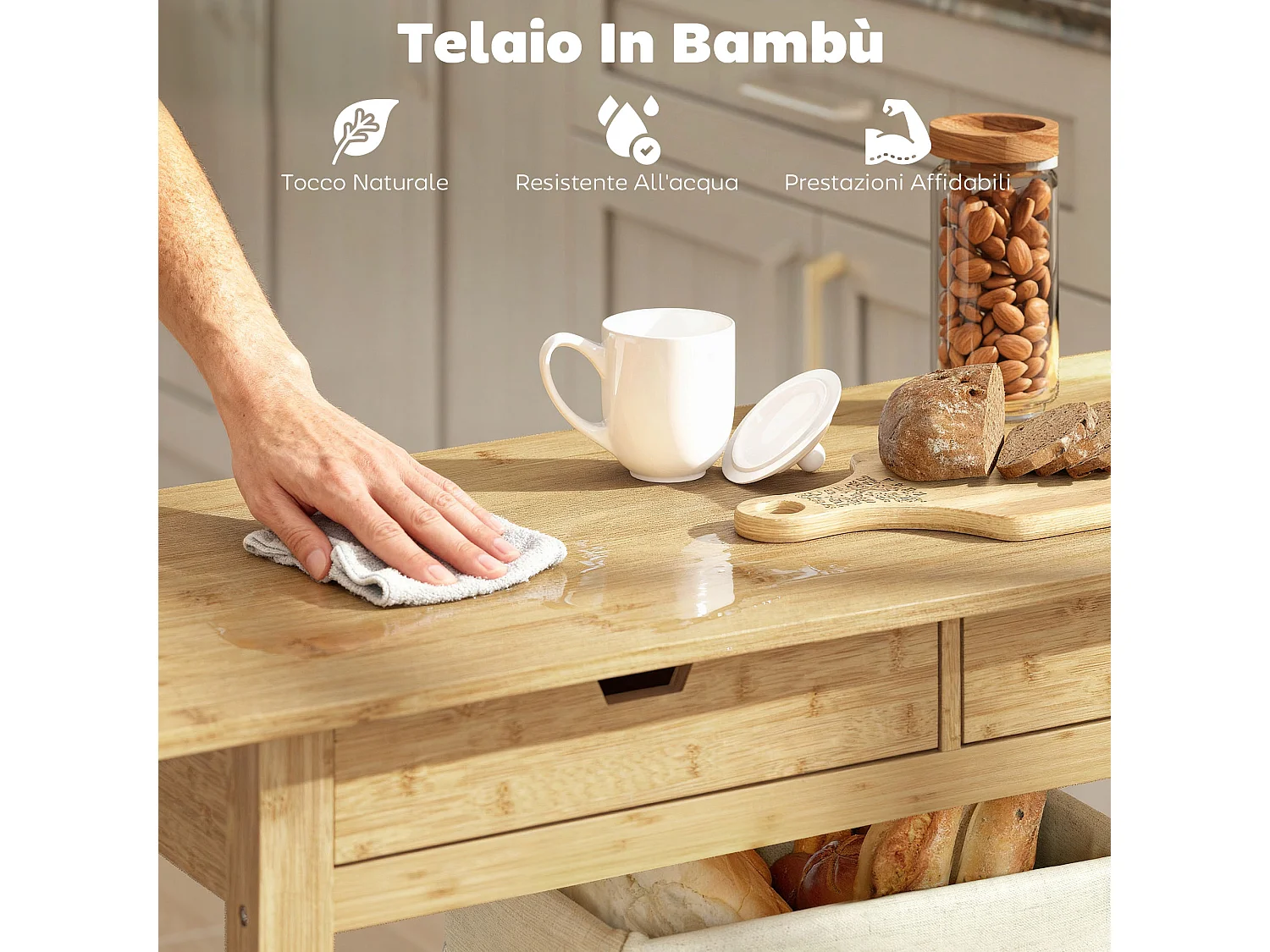 Carrello cucina in bambù con 2 rotelle e 2 gambe carrello cucina salvaspazio