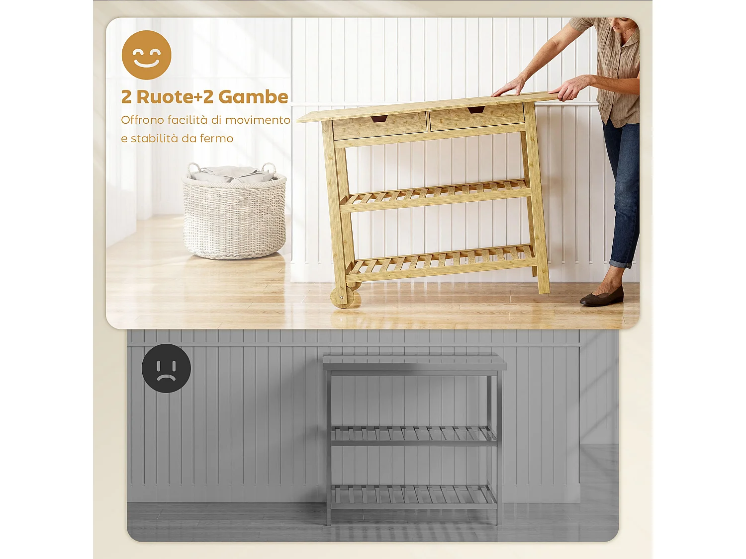 Carrello cucina in bambù con 2 rotelle e 2 gambe carrello cucina salvaspazio