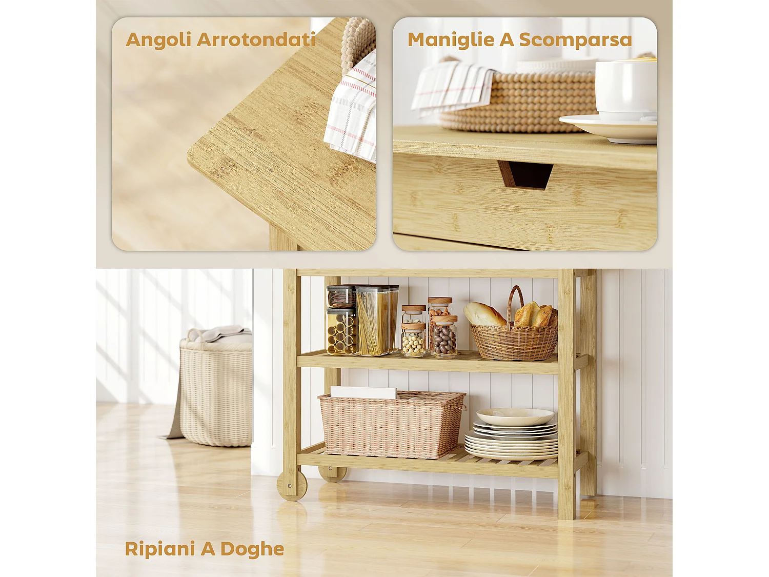 Carrello cucina in bambù con 2 rotelle e 2 gambe carrello cucina salvaspazio