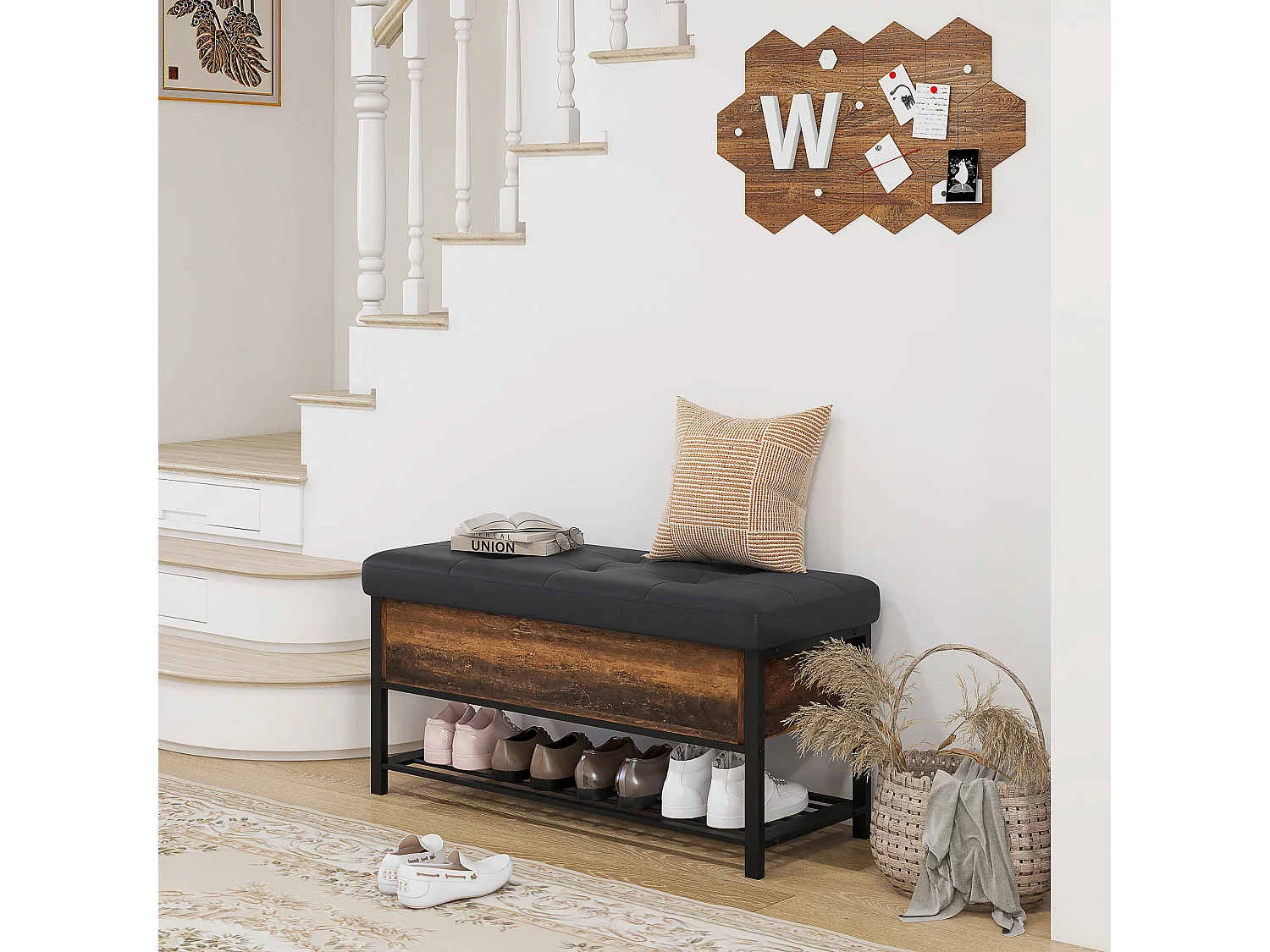 Panca scarpiera da ingresso con ripiano nascosto e seduta imbottita