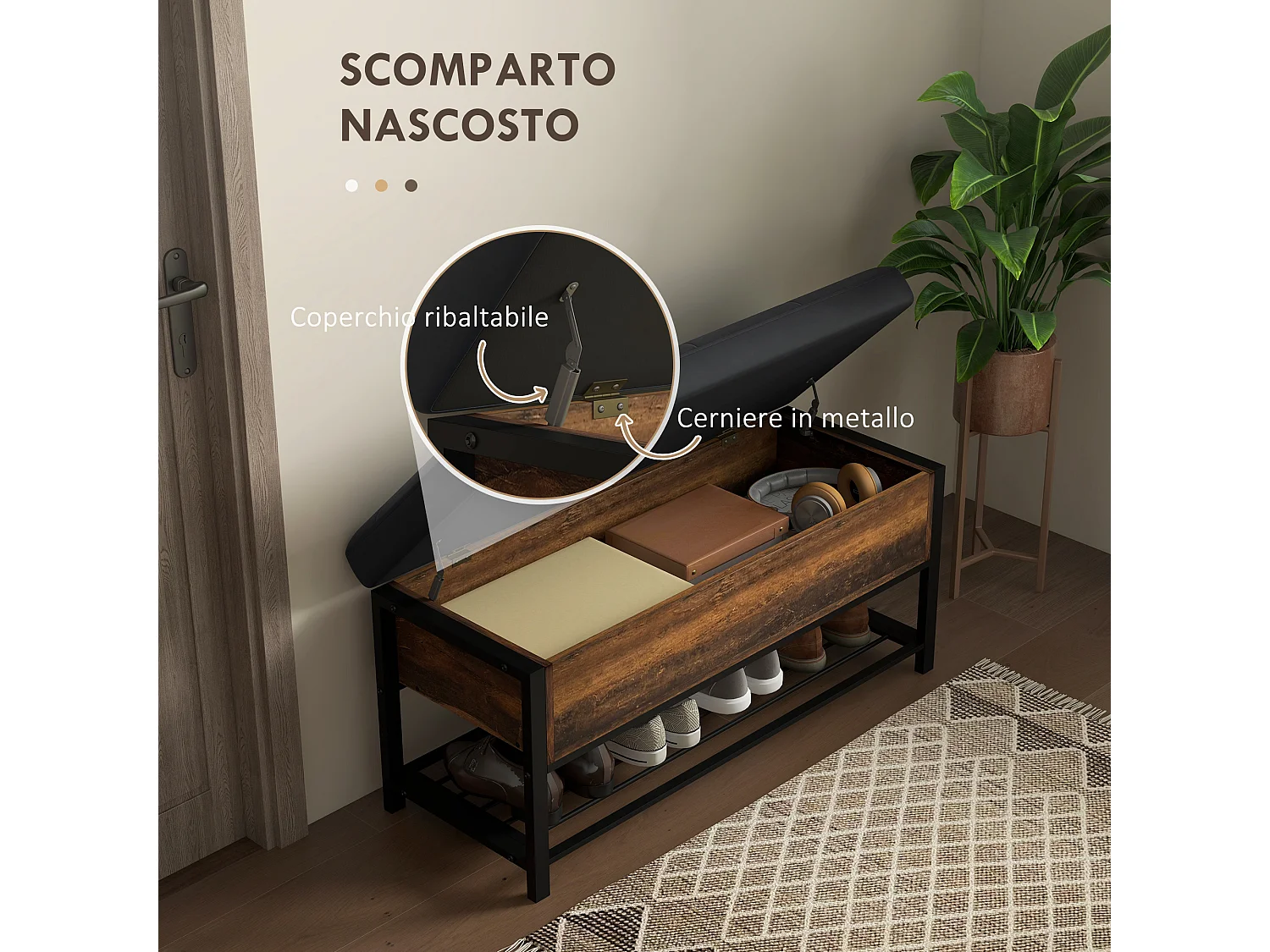 Panca scarpiera da ingresso con ripiano nascosto e seduta imbottita