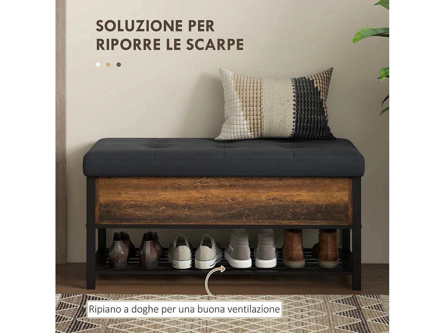 Panca scarpiera da ingresso con ripiano nascosto e seduta imbottita