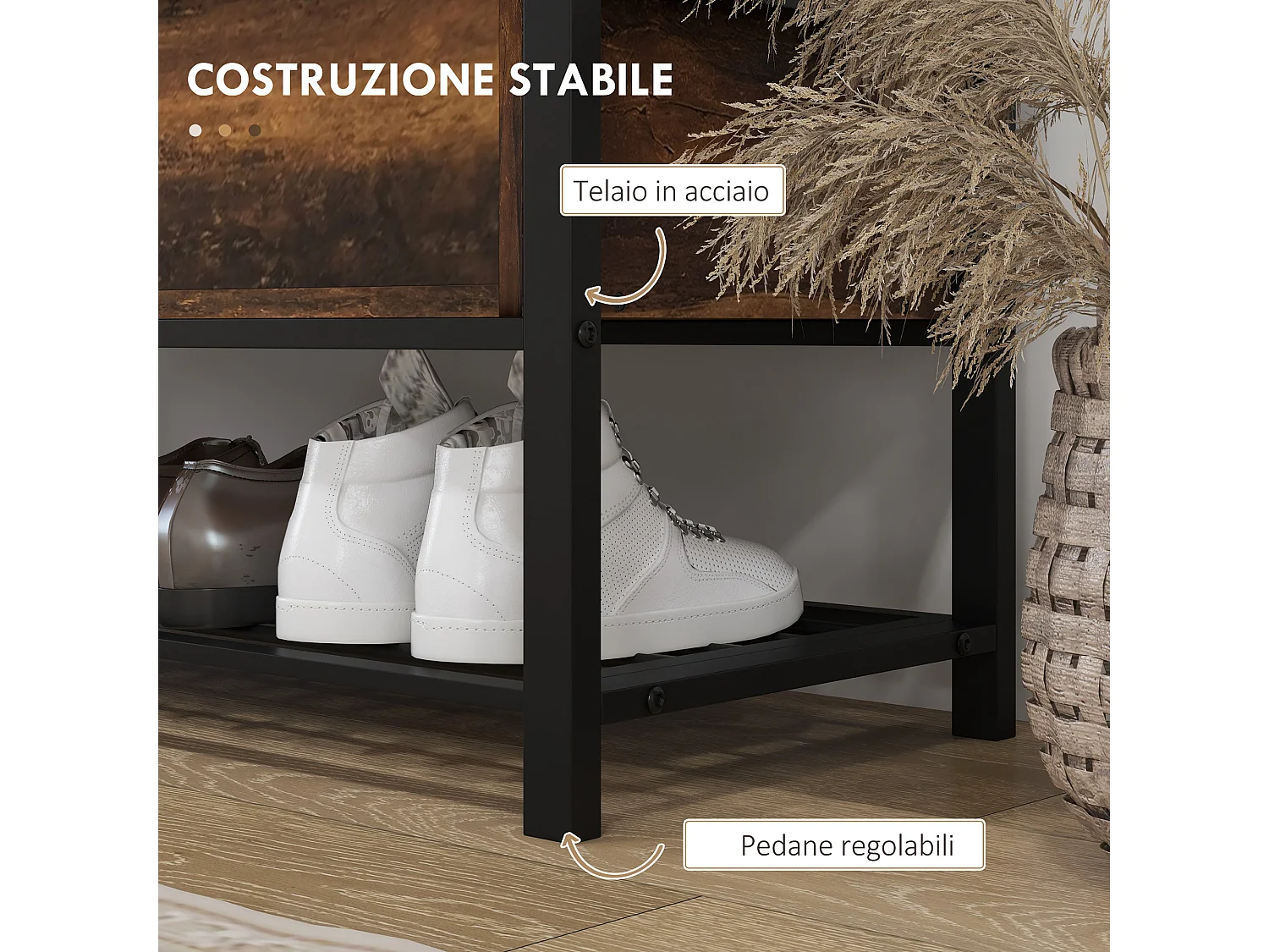 Panca scarpiera da ingresso con ripiano nascosto e seduta imbottita