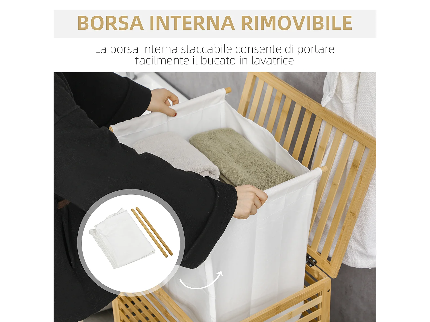Cesto portabiancheria in bambù con coperchio e sacca rimovibile