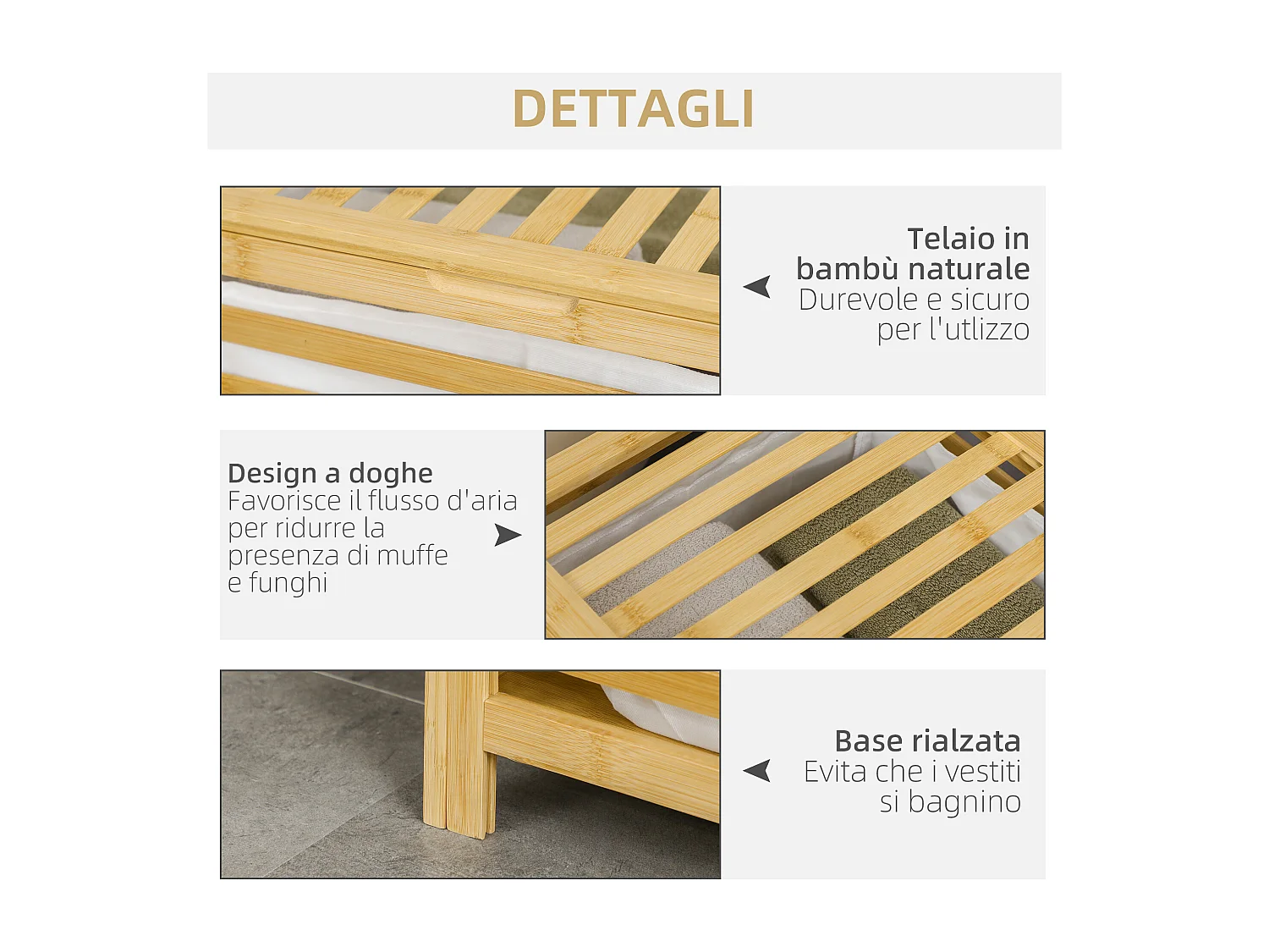 Cesto portabiancheria in bambù con coperchio e sacca rimovibile