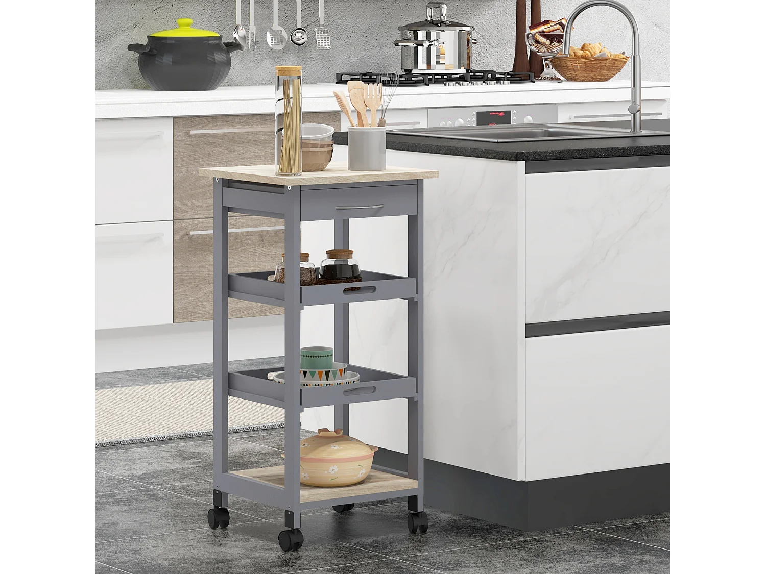 Carrello da cucina con cassetto ripiano e 2 vassoi estraibili