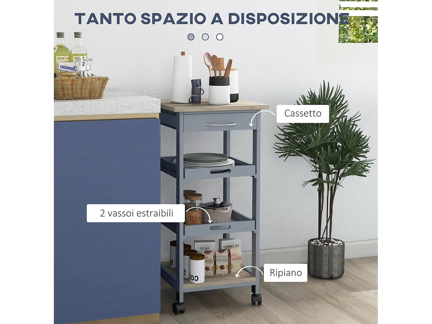 Carrello da cucina con cassetto ripiano e 2 vassoi estraibili