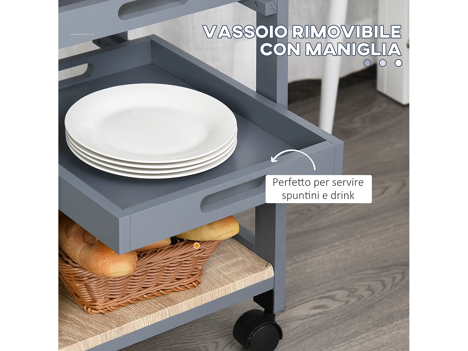 Carrello da cucina con cassetto ripiano e 2 vassoi estraibili
