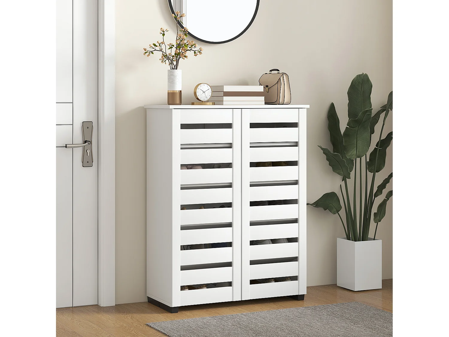 Mobile scarpiera a 5 livelli con ante a doghe in legno bianco