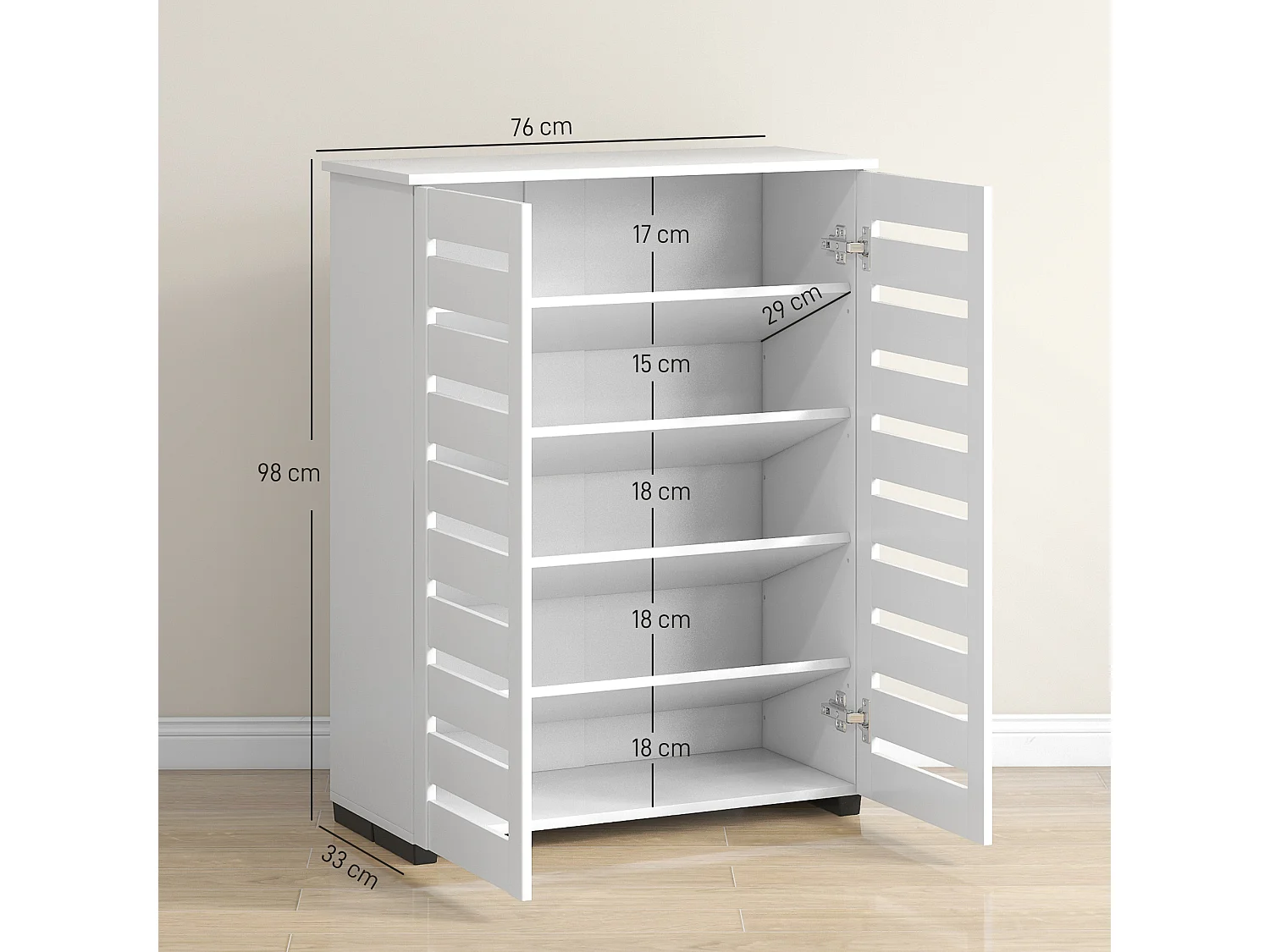 Mobile scarpiera a 5 livelli con ante a doghe in legno bianco