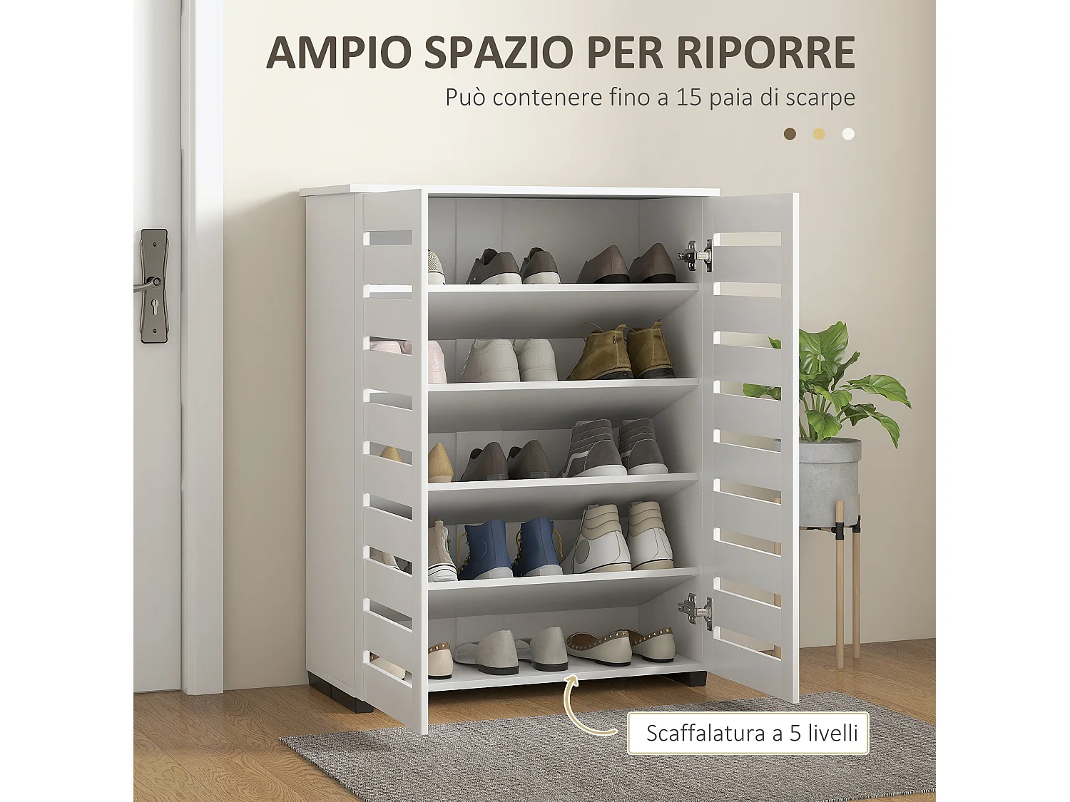 Mobile scarpiera a 5 livelli con ante a doghe in legno bianco
