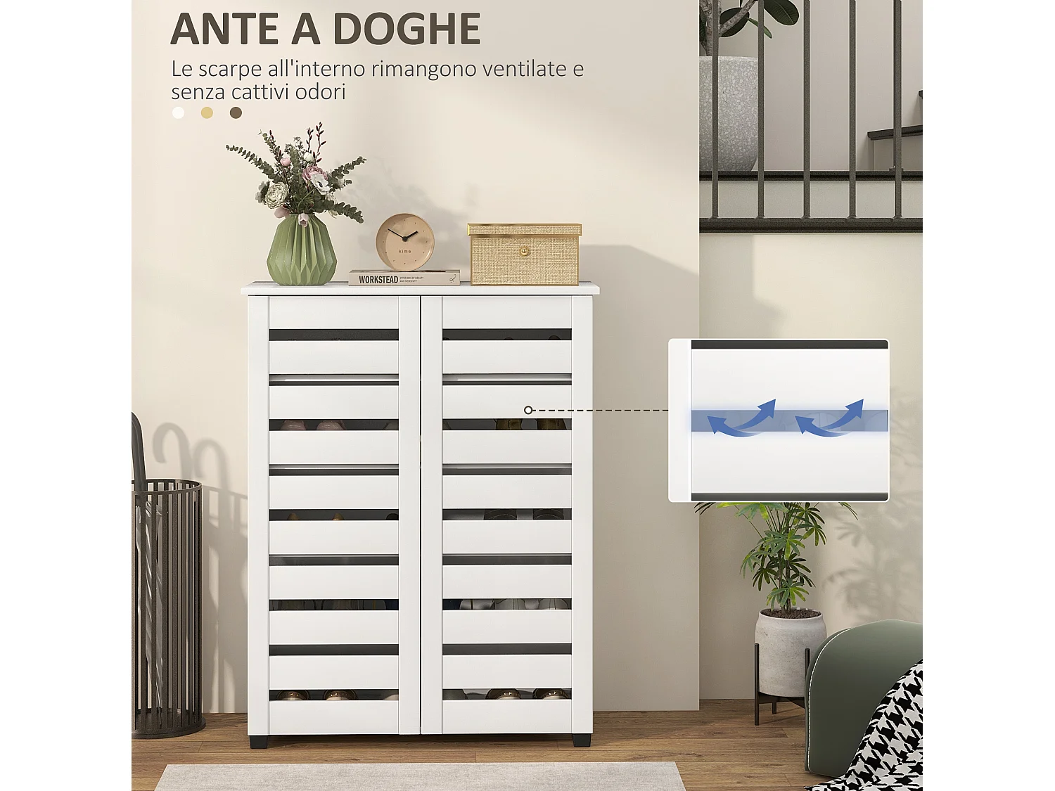 Mobile scarpiera a 5 livelli con ante a doghe in legno bianco