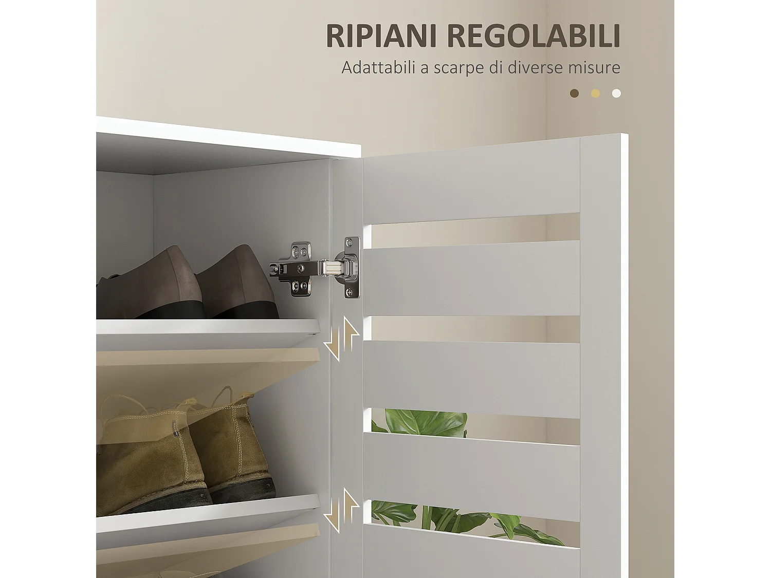 Mobile scarpiera a 5 livelli con ante a doghe in legno bianco