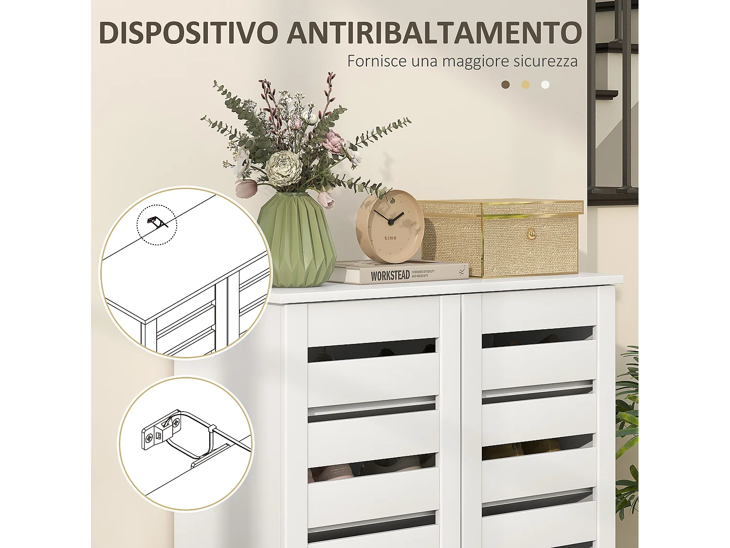 Mobile scarpiera a 5 livelli con ante a doghe in legno bianco