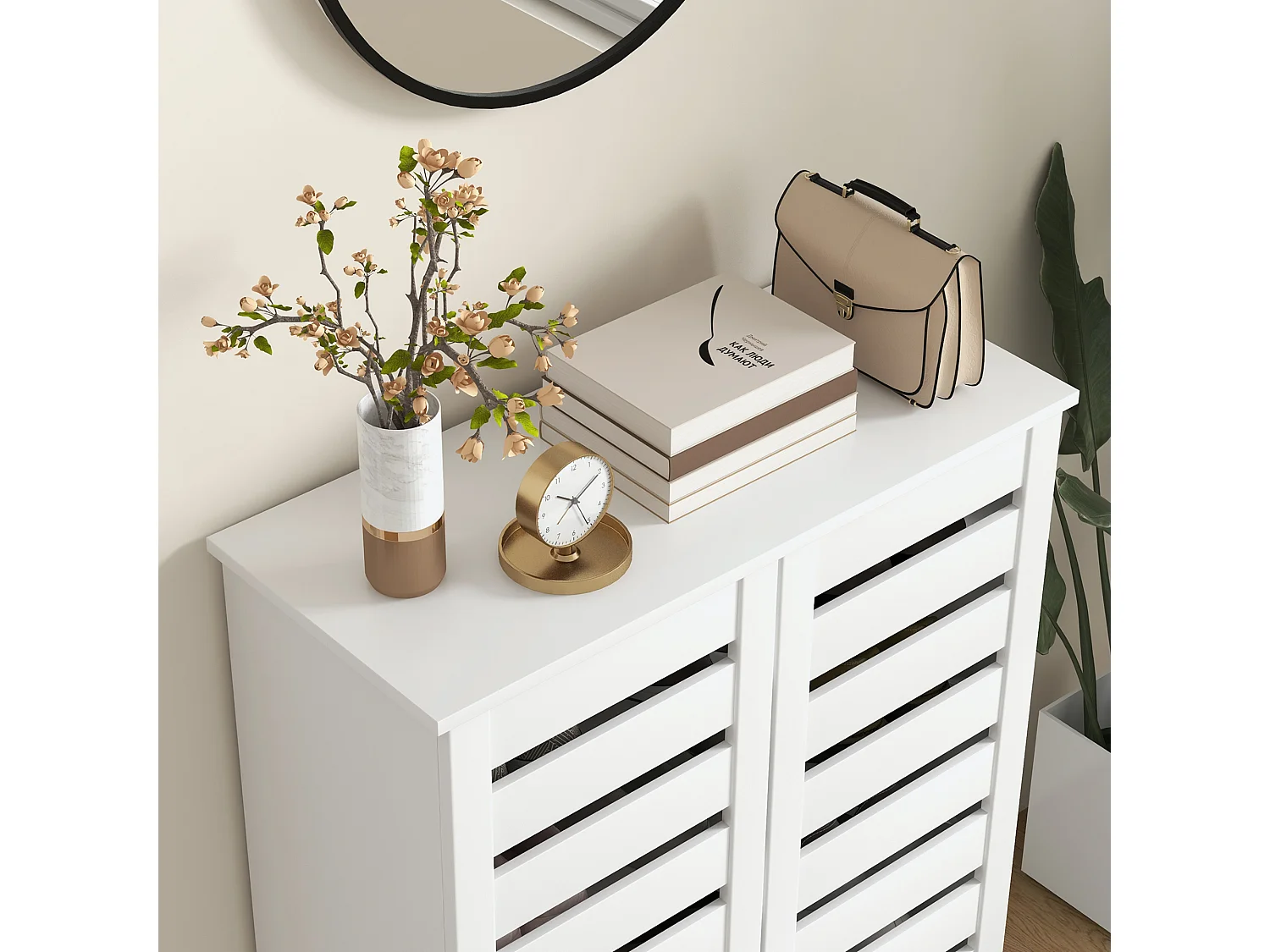 Mobile scarpiera a 5 livelli con ante a doghe in legno bianco