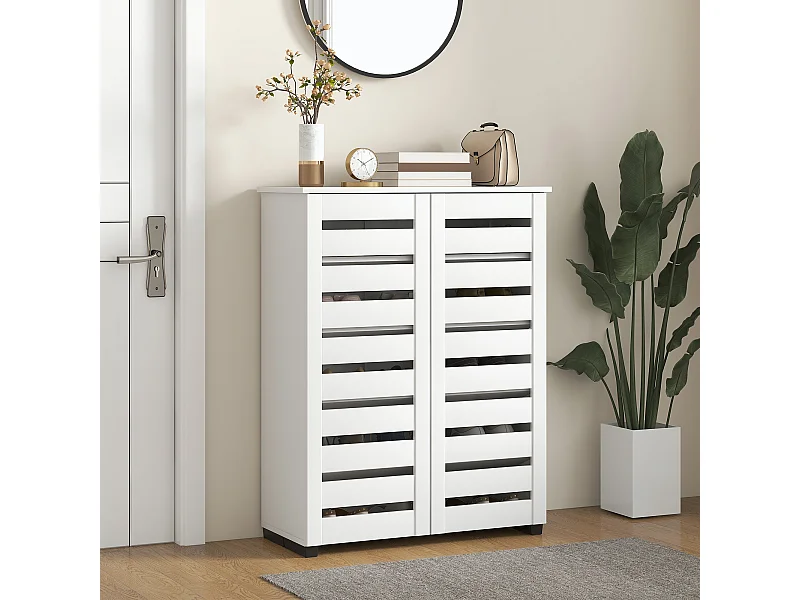 Mobile scarpiera a 5 livelli con ante a doghe in legno bianco