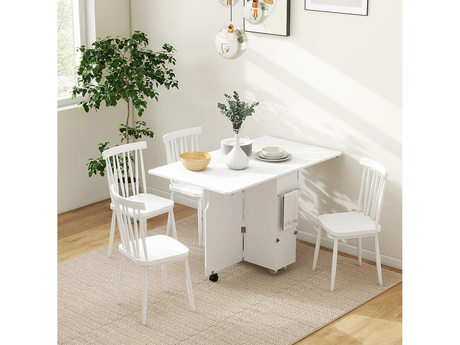 Tavolo a ribalta con ripiani a 3 livelli e rotelle in mdf bianco