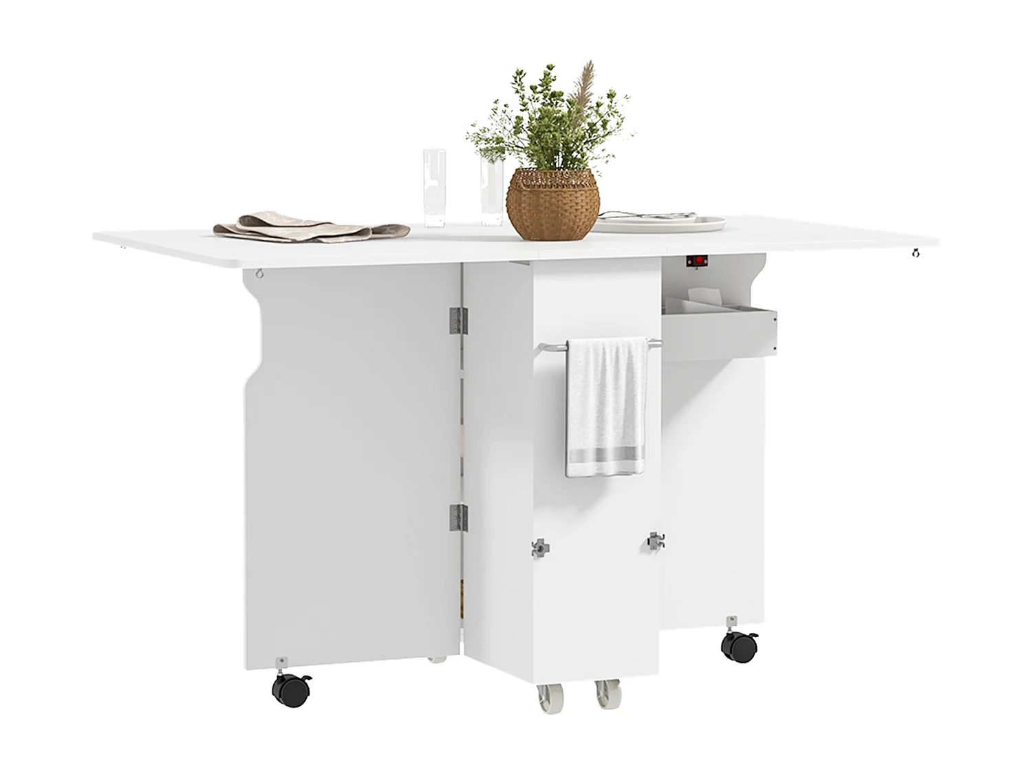 Tavolo a ribalta con ripiani a 3 livelli e rotelle in mdf bianco