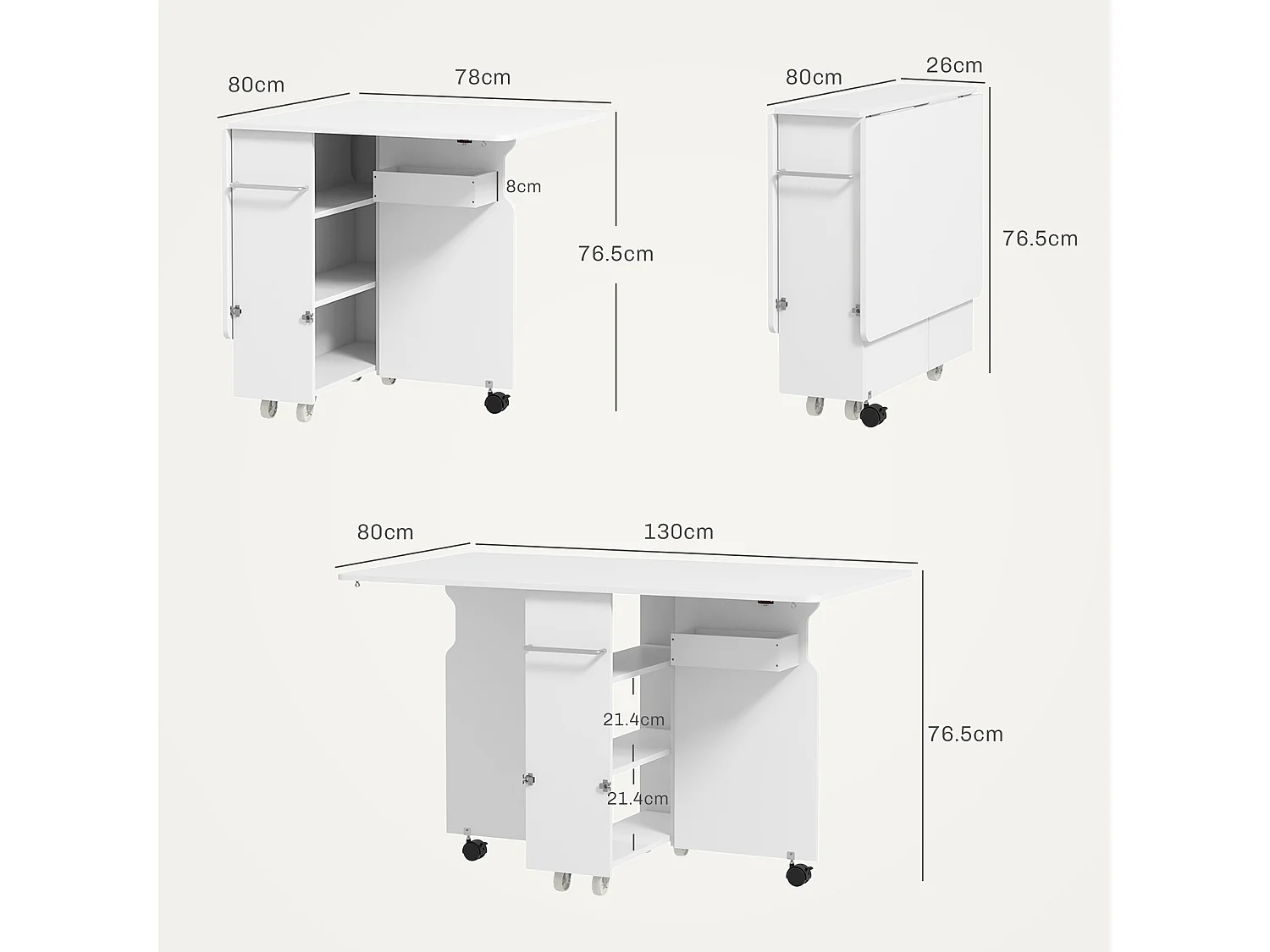 Tavolo a ribalta con ripiani a 3 livelli e rotelle in mdf bianco