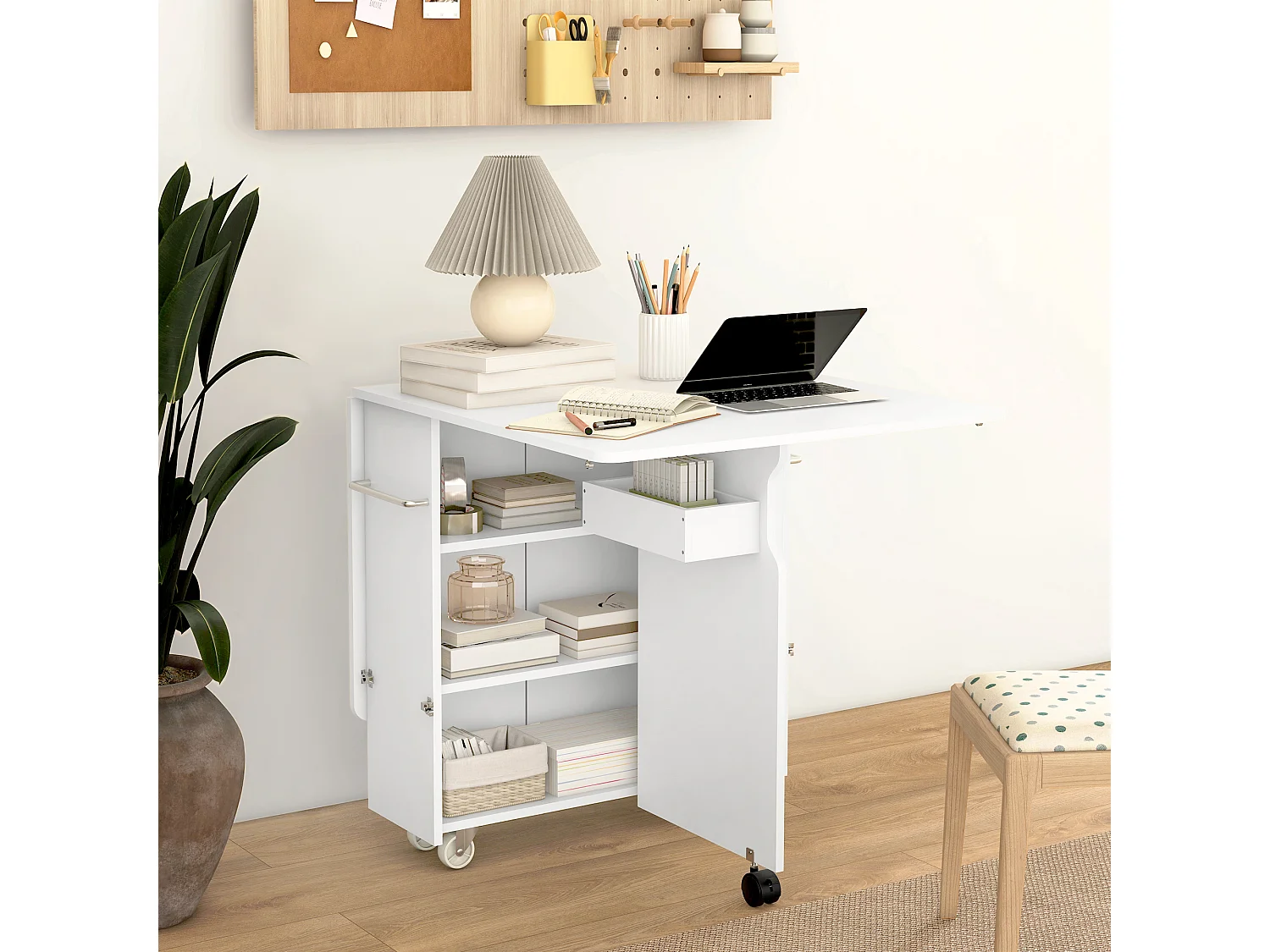 Tavolo a ribalta con ripiani a 3 livelli e rotelle in mdf bianco