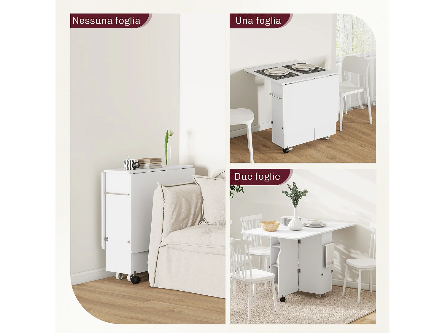 Tavolo a ribalta con ripiani a 3 livelli e rotelle in mdf bianco