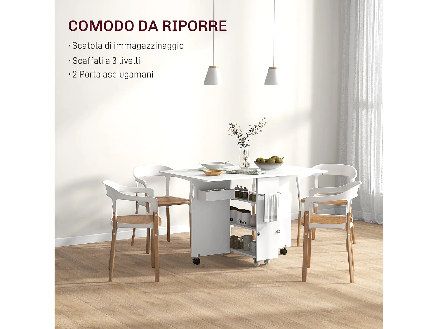 Tavolo a ribalta con ripiani a 3 livelli e rotelle in mdf bianco