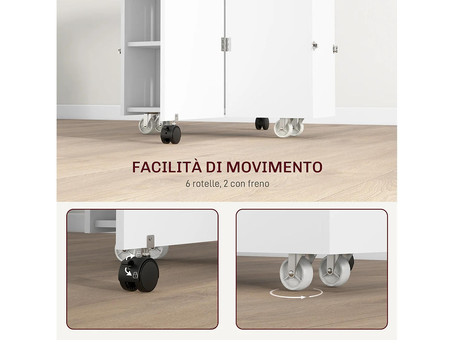 Tavolo a ribalta con ripiani a 3 livelli e rotelle in mdf bianco