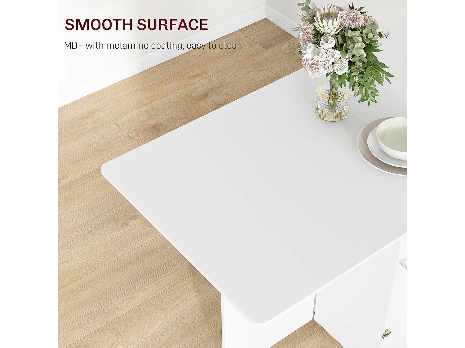 Tavolo a ribalta con ripiani a 3 livelli e rotelle in mdf bianco