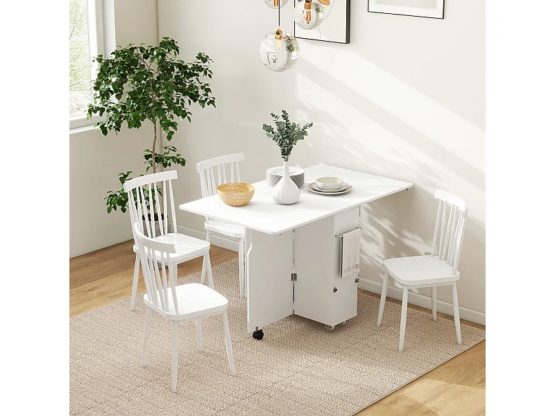 Tavolo a ribalta con ripiani a 3 livelli e rotelle in mdf bianco