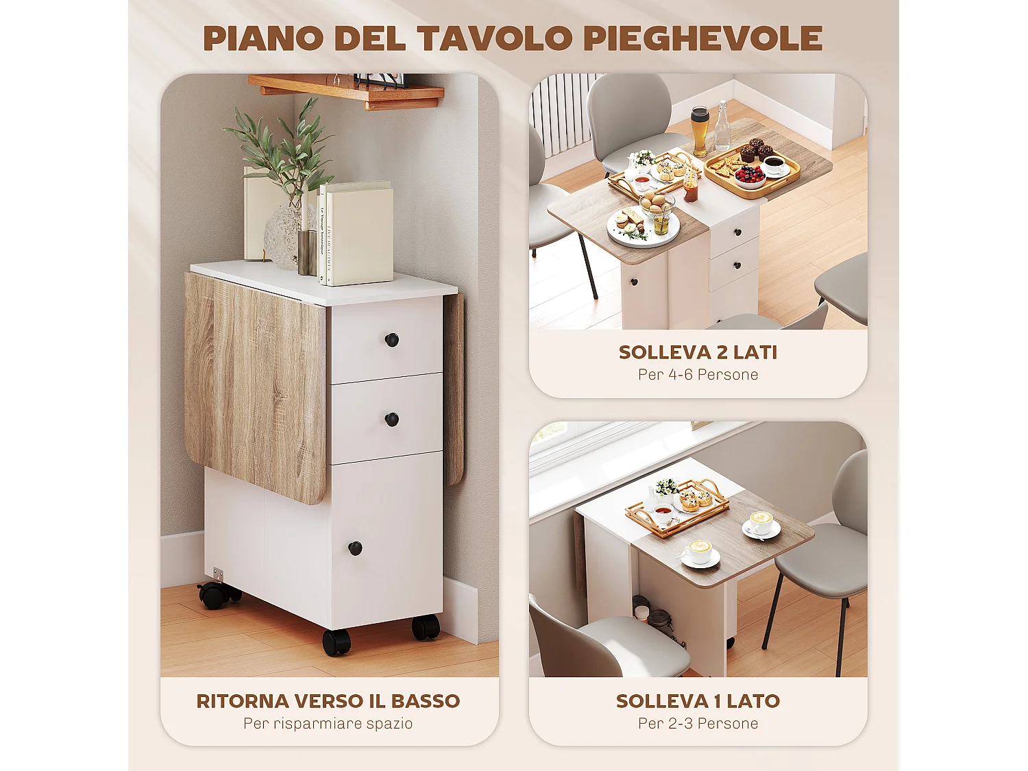 Tavolo da pranzo pieghevole tavolo cucina a ribalta con ruote a freno per 6 persone