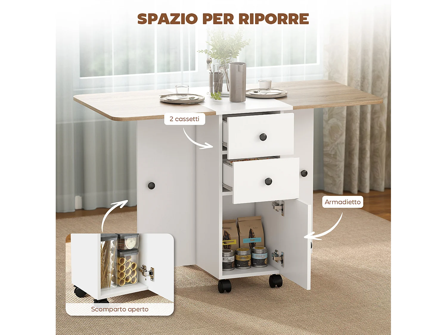 Tavolo da pranzo pieghevole tavolo cucina a ribalta con ruote a freno per 6 persone