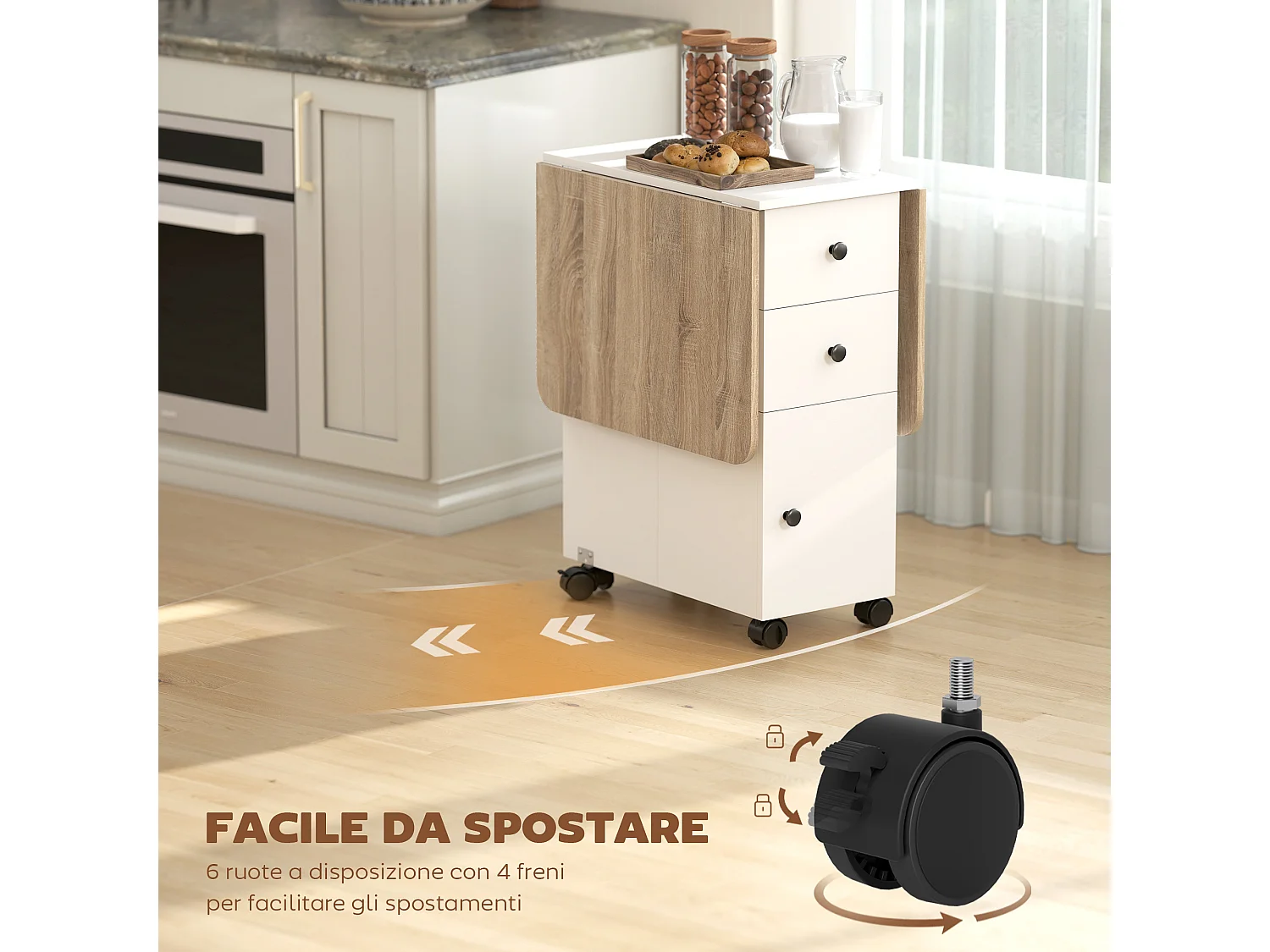 Tavolo da pranzo pieghevole tavolo cucina a ribalta con ruote a freno per 6 persone