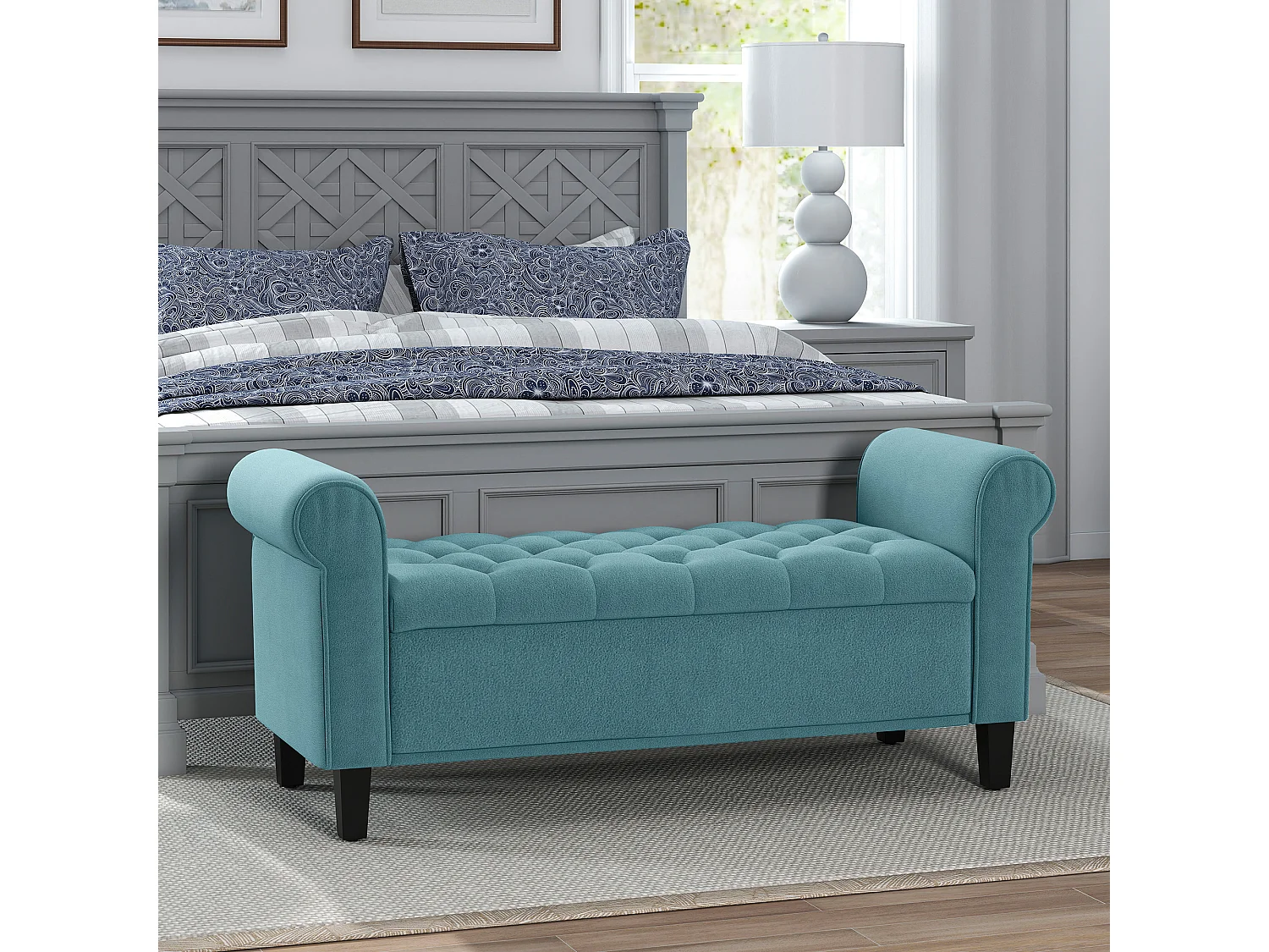 Panca fondo letto con contenitore e braccioli arrotolati verde