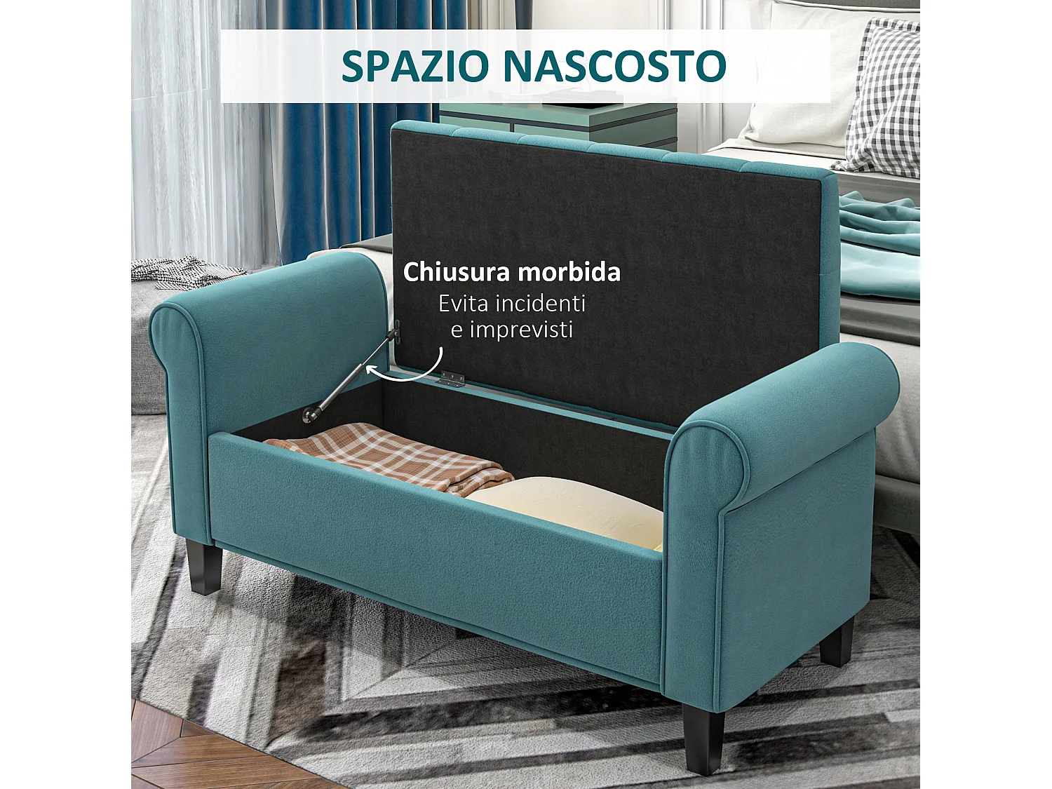 Panca fondo letto con contenitore e braccioli arrotolati verde