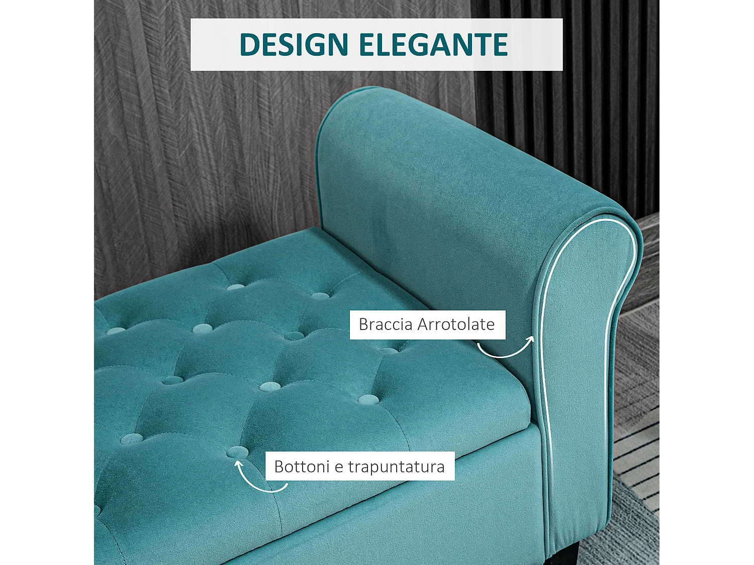 Panca fondo letto con contenitore e braccioli arrotolati verde