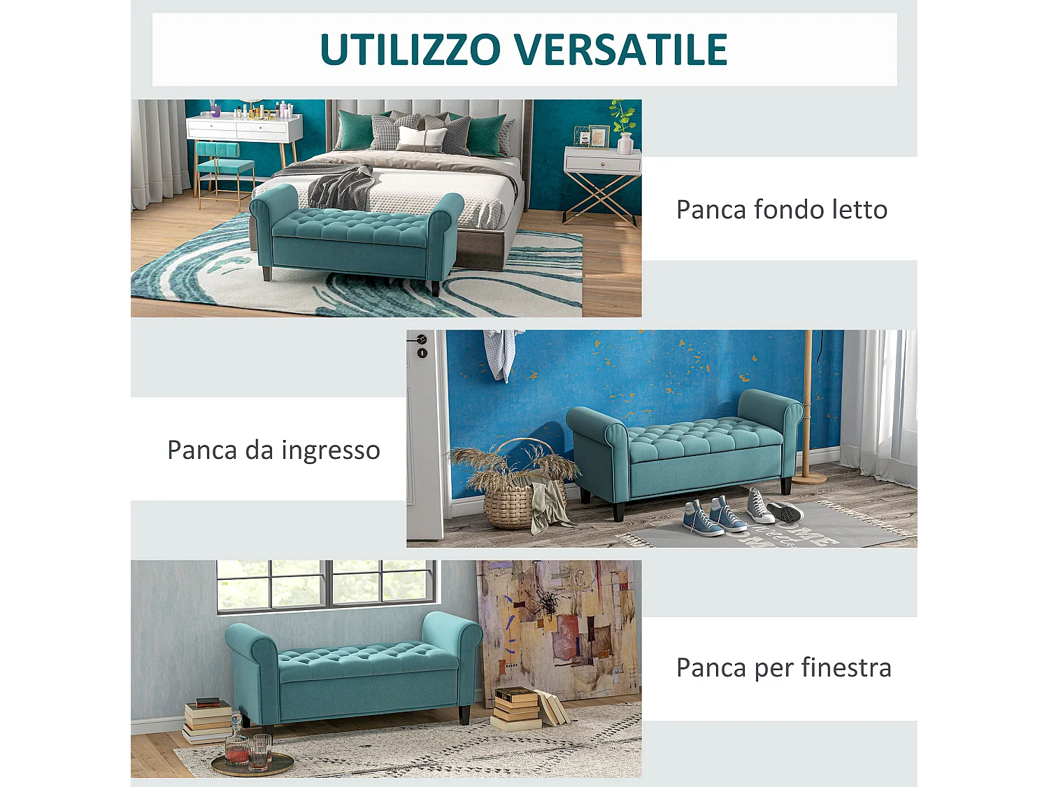 Panca fondo letto con contenitore e braccioli arrotolati verde