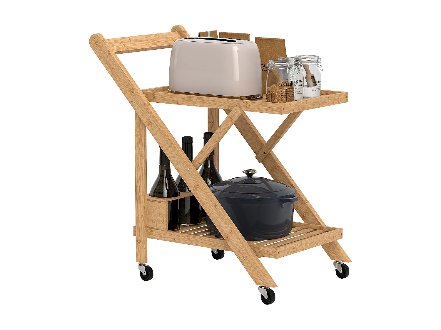Carrello da cucina a 2 livelli pieghevole con ruote