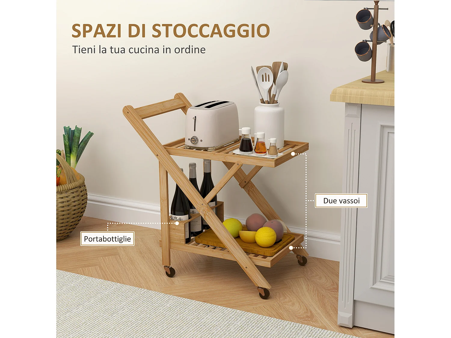 Carrello da cucina a 2 livelli pieghevole con ruote